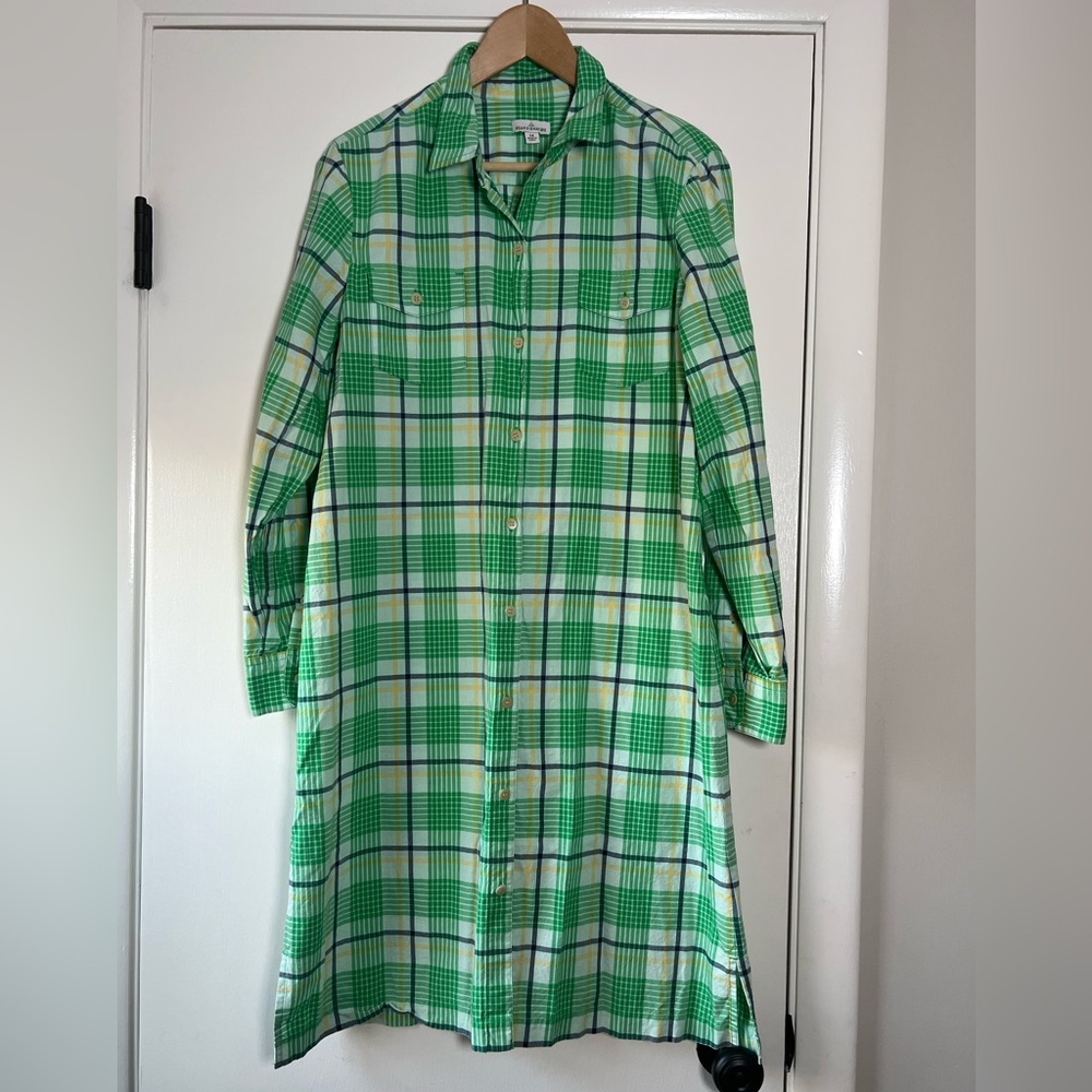 LL Bean Signature Women’s Plaid Shirtdress Midi Green White Blue Yellow Size 14 - Picture 1 of 8